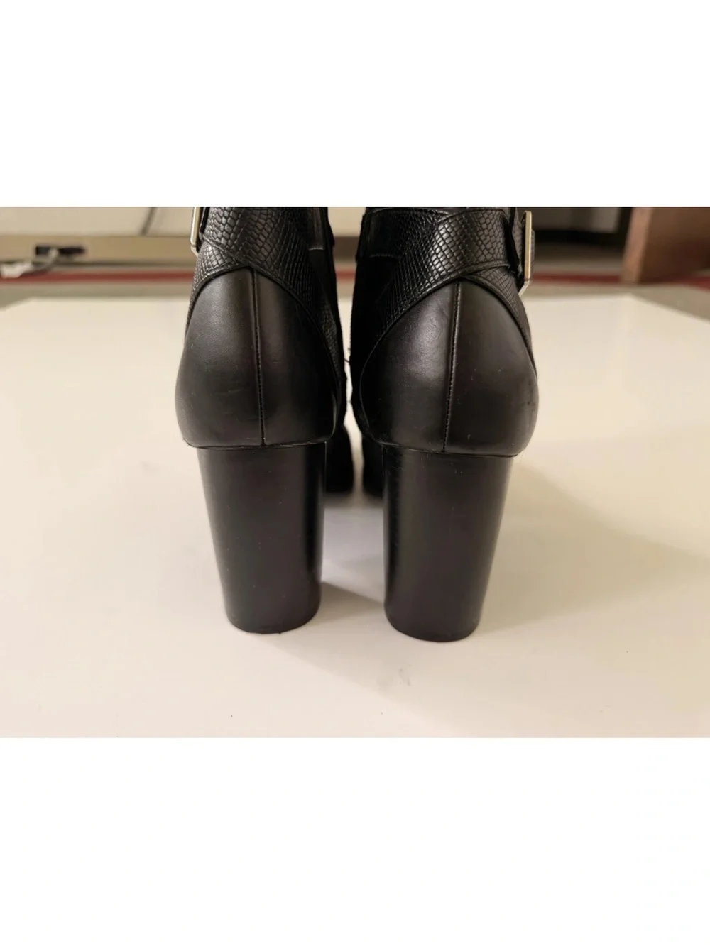 Christian Siriano Black Suede & Leather Ankle Bootie Snake-Textured Buckle 8